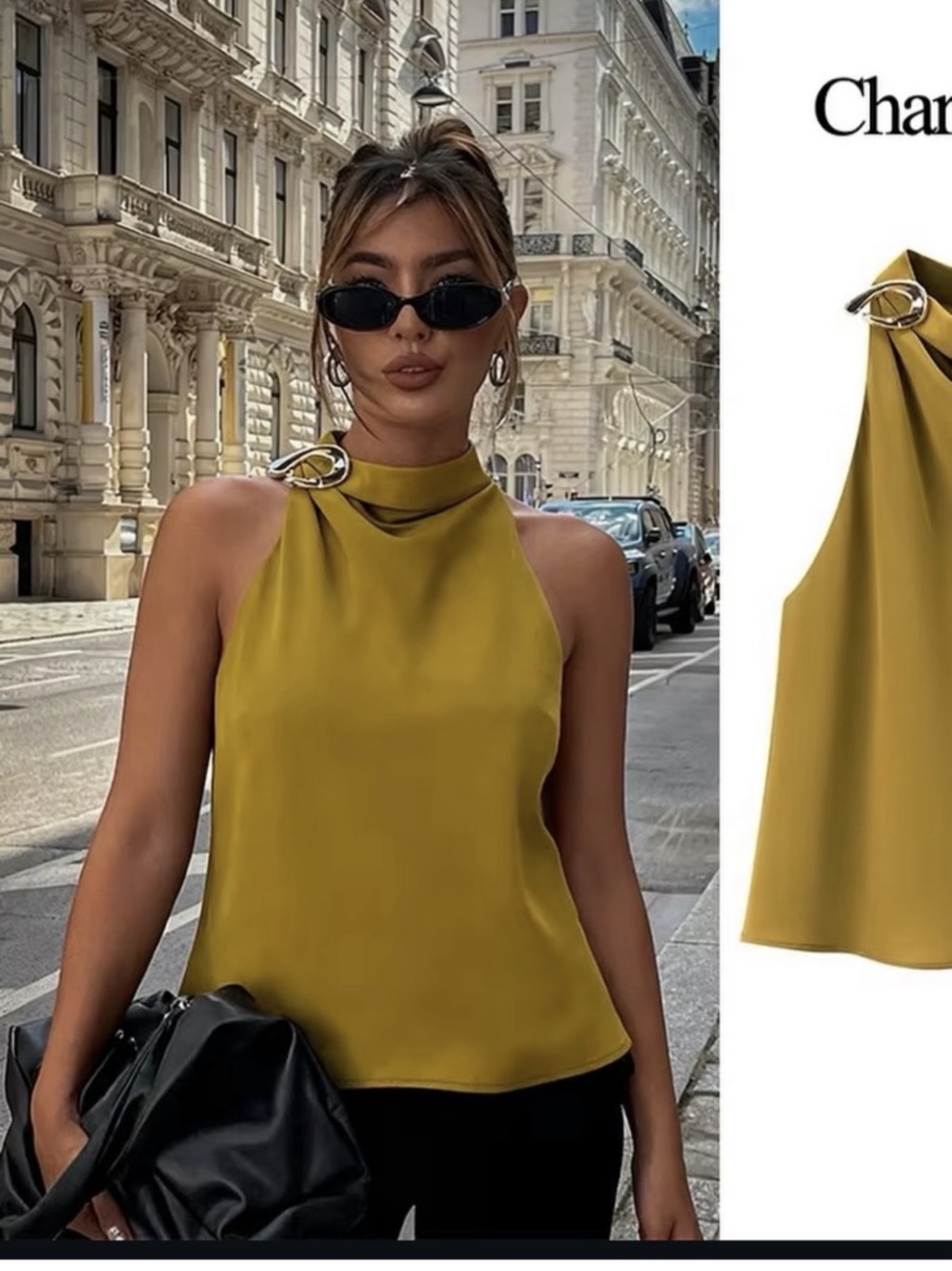 ZARA Olive Green Halter Neck Top with Gold Buckle Detail - Size Small